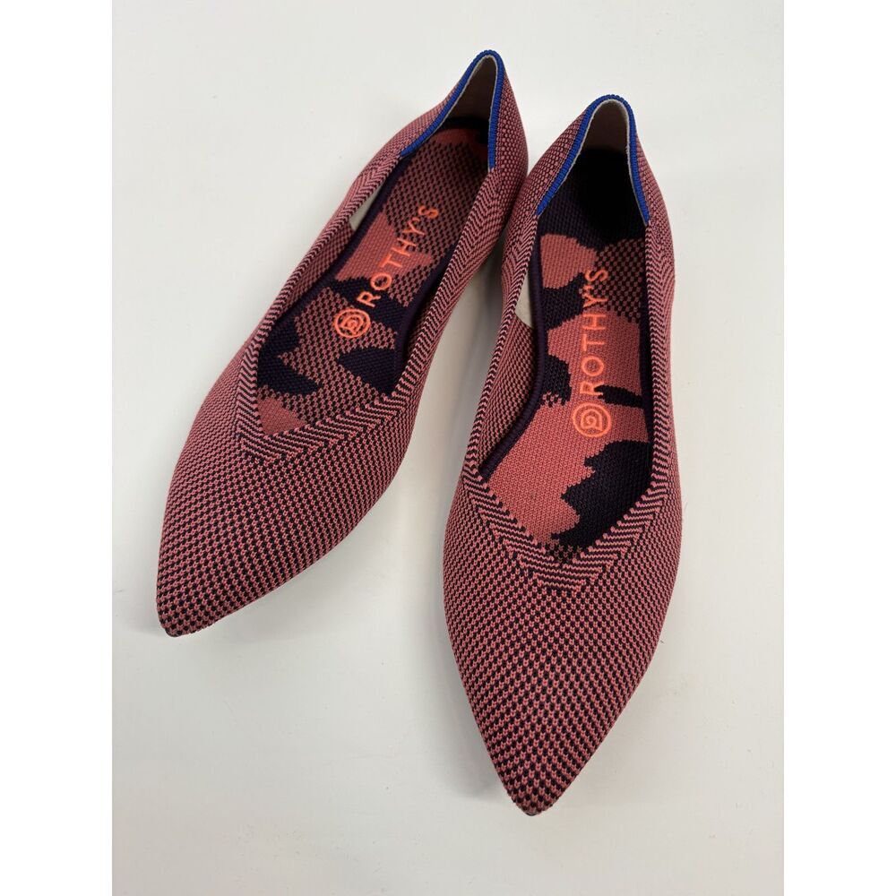 Rothy’s Pink & Navy Patterned Pointed Toe Flats | Knit Slip-On Sustainable Shoes